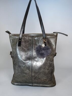 Garnet Hill Leather Metallic Gray Tote with Pom Charm Made In ITALY